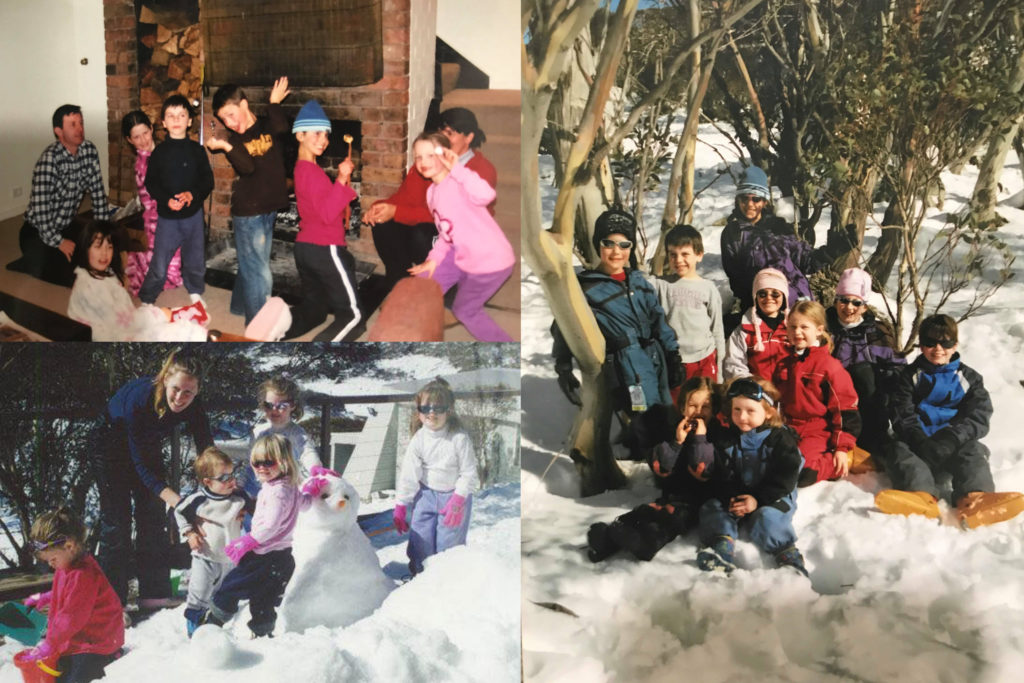 A collage of photos from the writer's youth. Clockwise from top left: a group of children roasting marshmallows at a fireplace; a group of children in snowsuits sitting amongst snowgums in the snow; and a group of children building a snowman on a balcony.